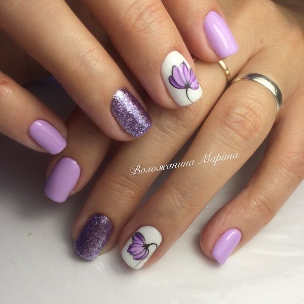 Elegant Lavender Nail Design: Matte and Glitter Fusion with Floral Accents