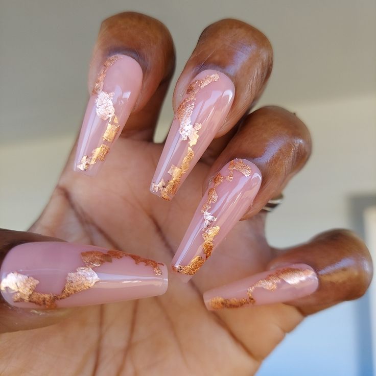 Sophisticated Nude Acrylic Nails with Delicate Gold Foil Accents