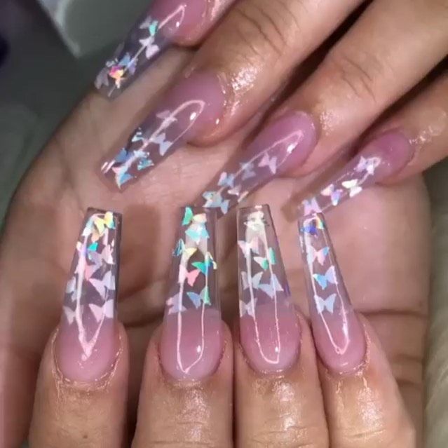 Charming Gradient Manicure with Shimmering Holographic Butterflies on Glossy Long Nails.