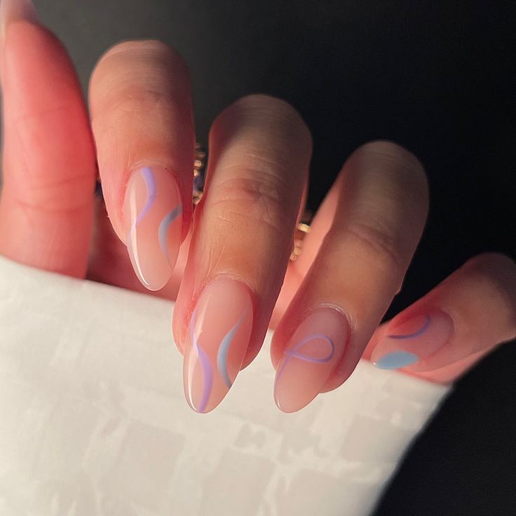 Elegant Abstract Nail Design with Pastel Curves and Swirls