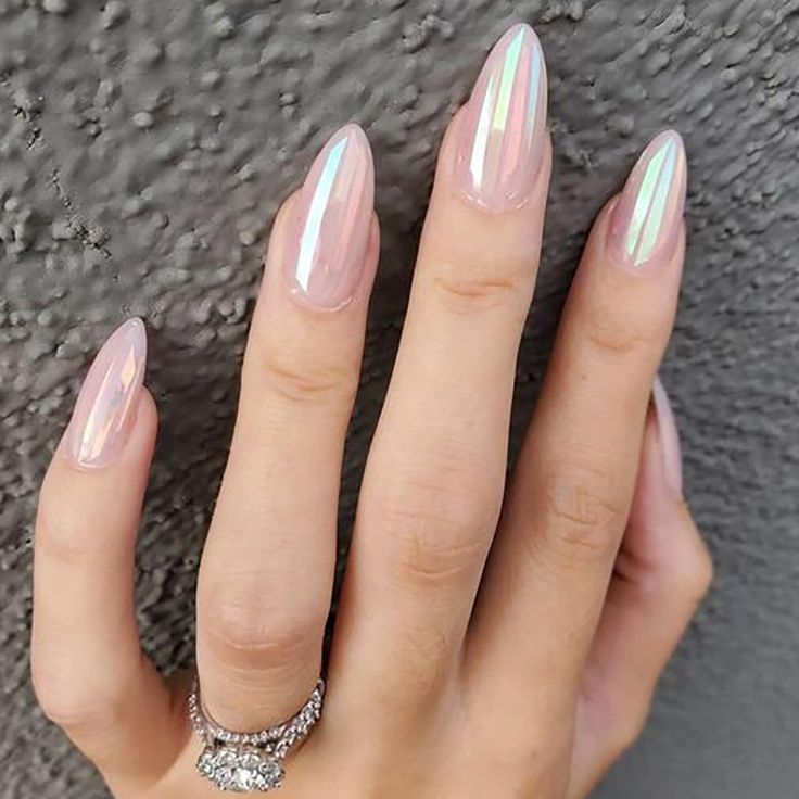 Sophisticated Almond-Shaped Nails with Iridescent Stripes on a Translucent Pink Base.