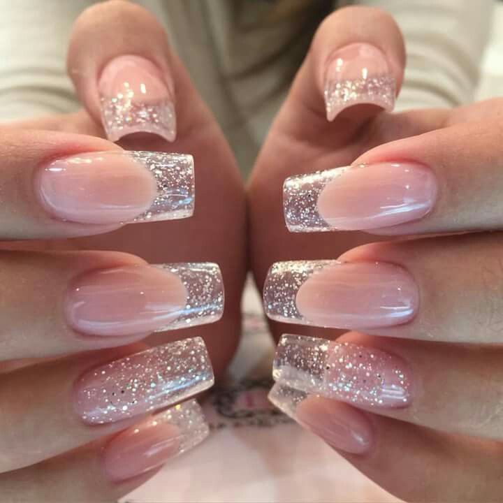 Elegant French Manicure with Clear and Soft Pink Design Accented by Dazzling Glitter