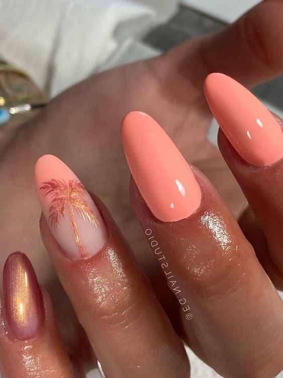 Vibrant Summer Vibe: Chic Coral Nail Design with Tropical Palm Tree Accent