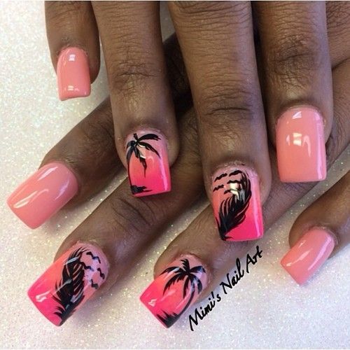 Tropical-Inspired Nail Design: Soft Pink Gradient with Sunset Hues and Artistic Palm Tree Accents.