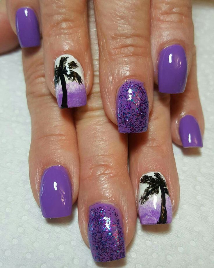 Tropical Glamour: Vibrant Purple Nail Design with Sunset Accents and Glitter