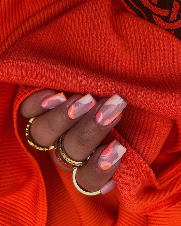 Chic Abstract Marble Nail Design with Vibrant Pink and Orange Swirls