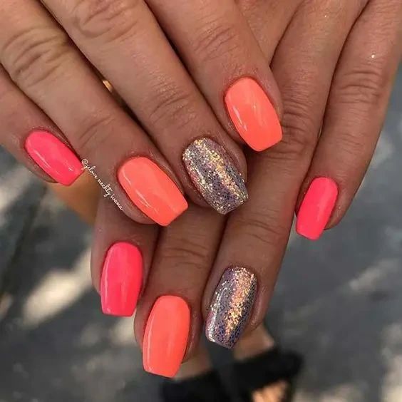 Bold Neon Nail Design with Holographic Glitter Accent.