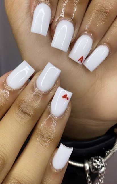 Chic White Nails with Playful Red Heart and 