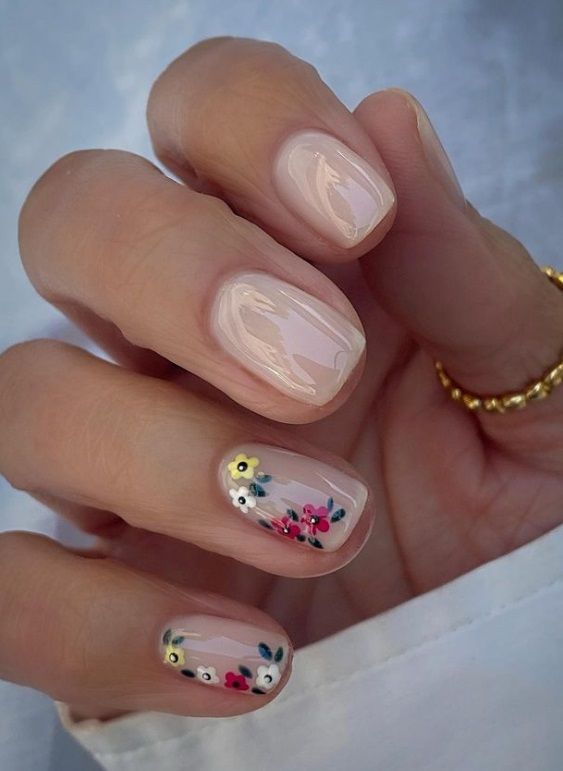 Charming Floral Nail Art on Light Beige Base for a Fresh Seasonal Look.