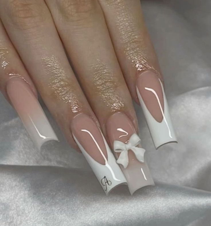 Chic Ombre Long Nails with 3D White Bow for a Timeless Elegance.