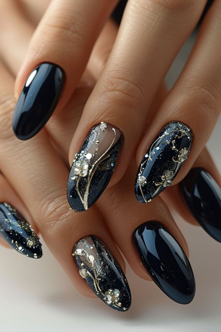 Sophisticated Deep Navy Nail Design with Floral Accents and Glossy Finishes