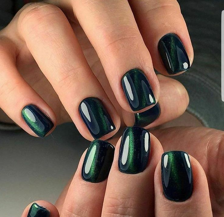 Elegant Dark Green and Navy Nail Design with Glossy Finish and Subtle Shimmer.