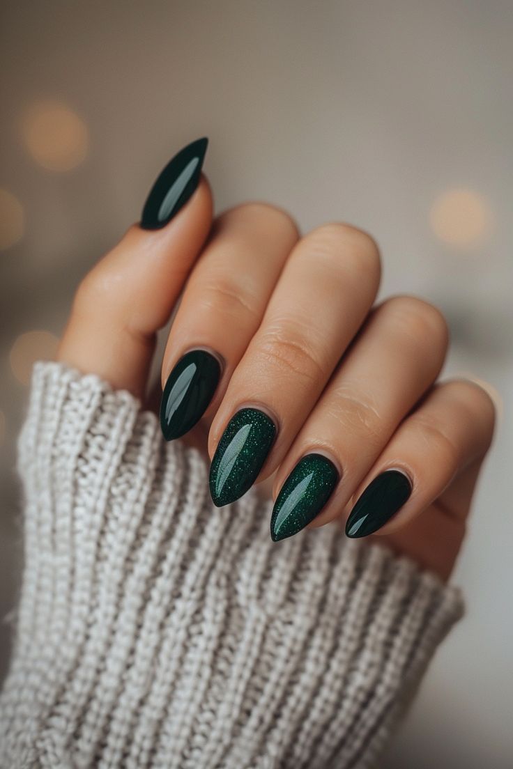 Sophisticated Green Nail Design: Glossy and Glittery Elegance for Every Occasion.