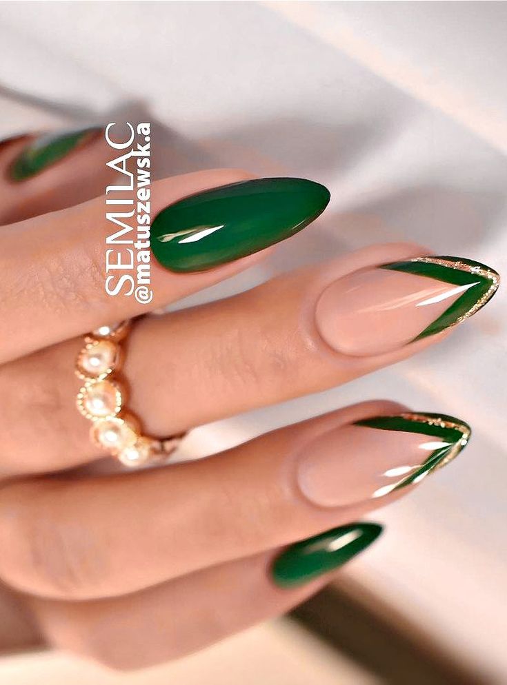 Chic Green and Nude Nail Design with Gold Accents for a Sophisticated Look