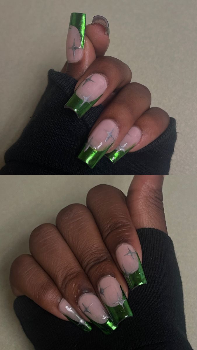 Elegant Glossy Green French Tips with Sophisticated Silver Detailing.