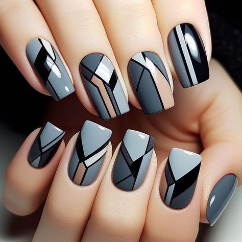 Chic Geometric Nail Design in Gray and Black: A Modern Statement with Intricate Detail.