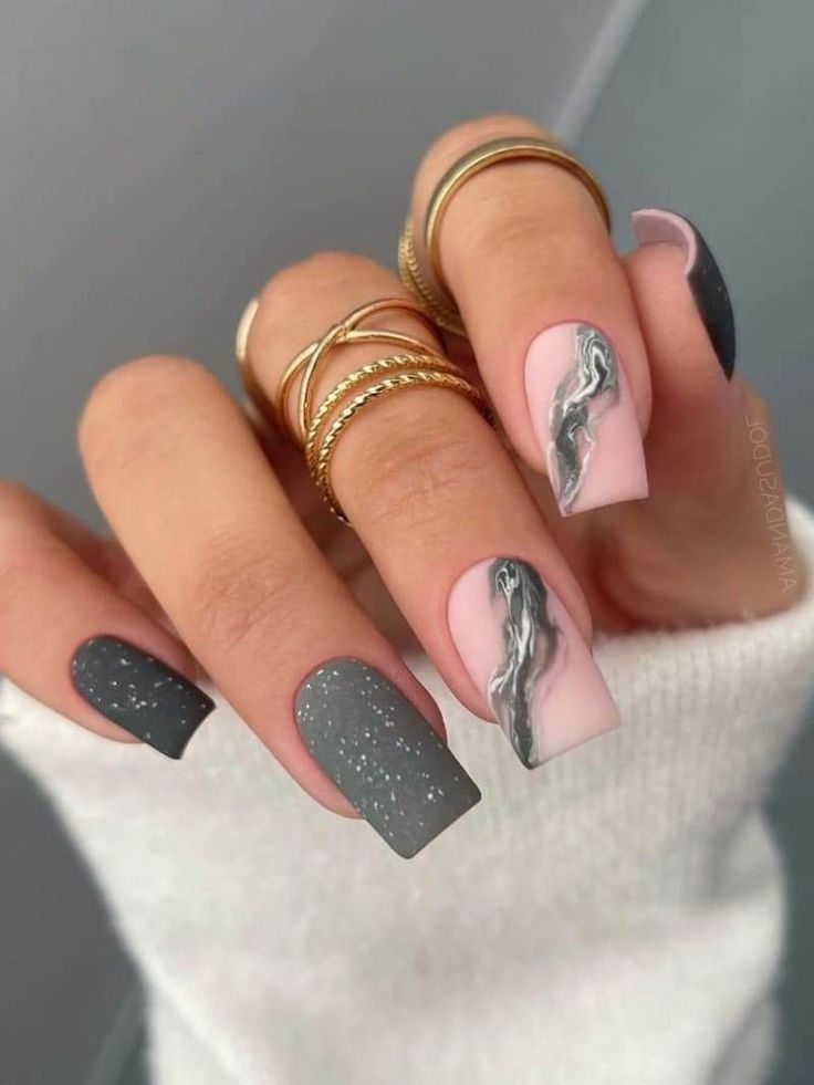 Elegant Matte and Glossy Gray-Pink Marble Nail Design with Sparkling Accents