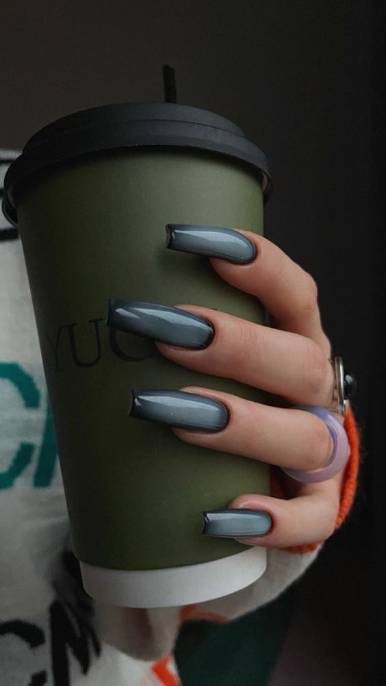 Chic Dark Gray Long Nails: A Modern Statement for Everyday Elegance.