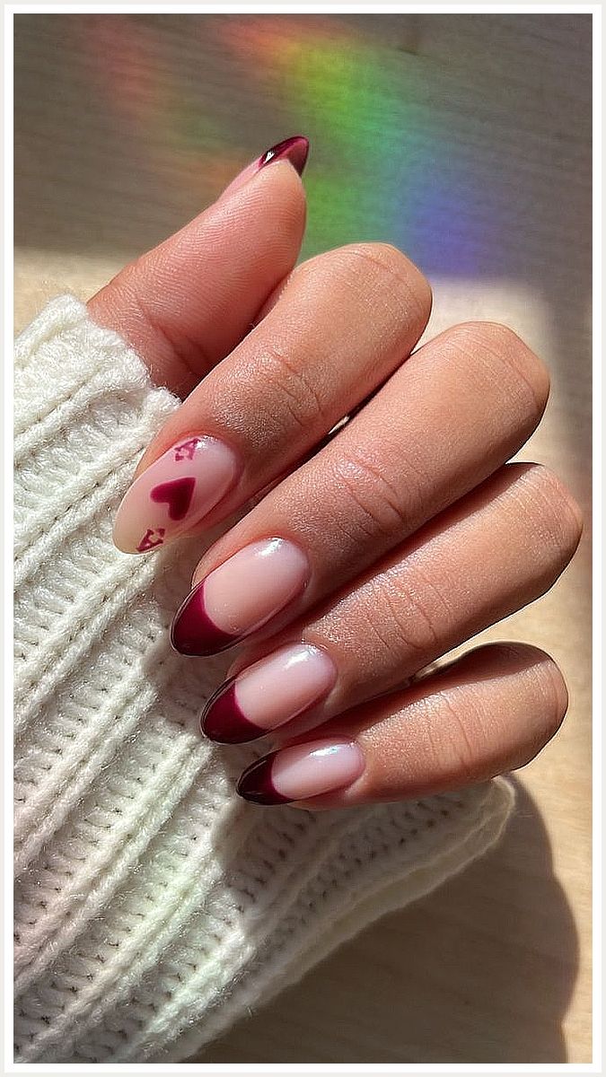 Romantic Nail Design: Soft Pink and Deep Burgundy with Heart Accents