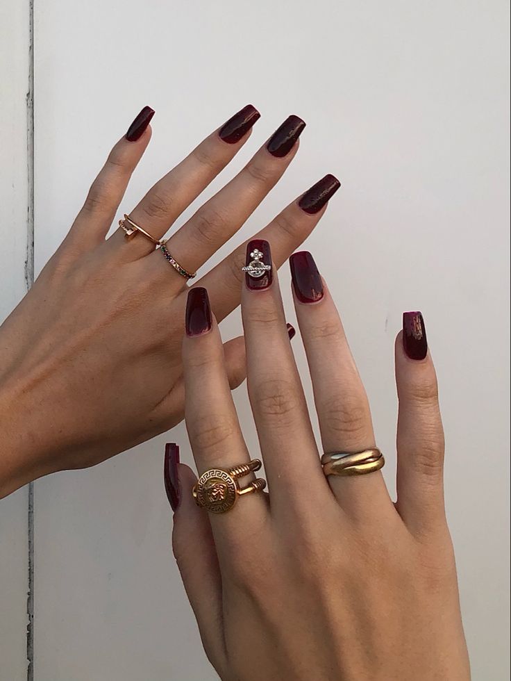 Sophisticated Deep Burgundy Nail Design with Intricate Art and Luxurious Gold Accents.