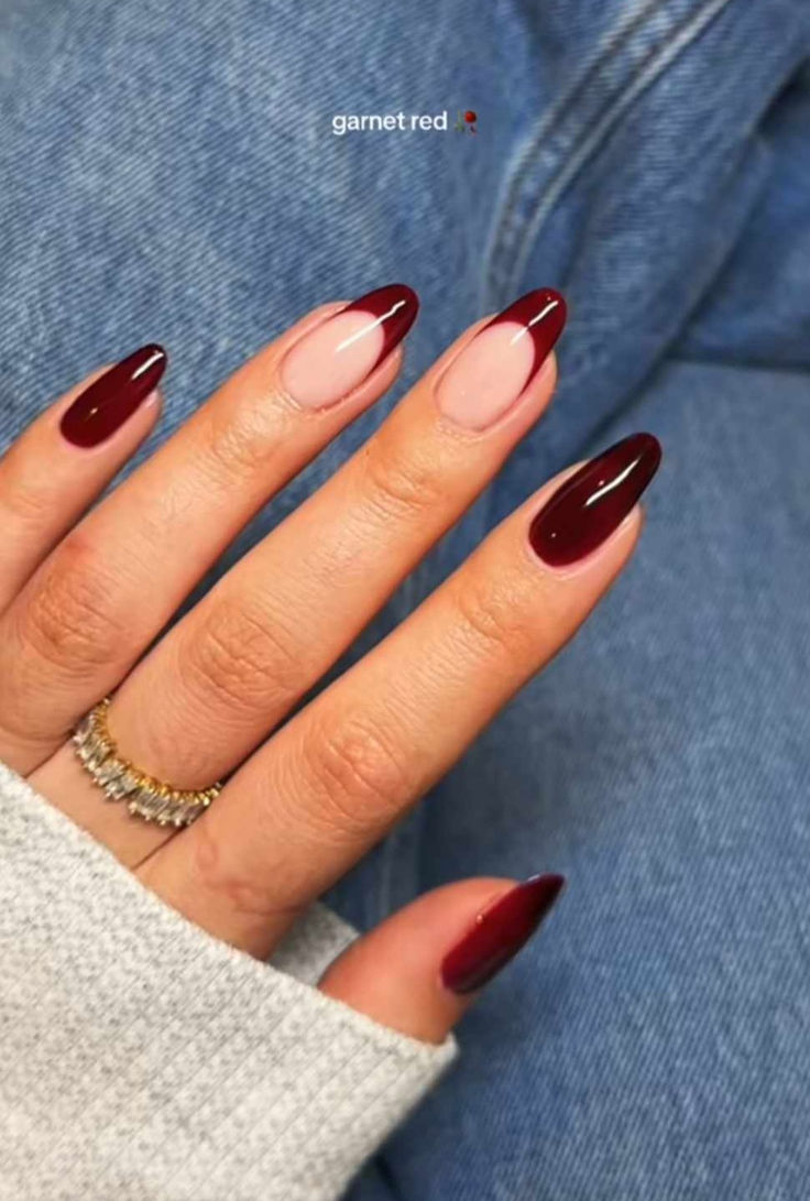 Chic Almond-Shaped Nails: Deep Garnet and Nude Elegant Design with Glossy Finish