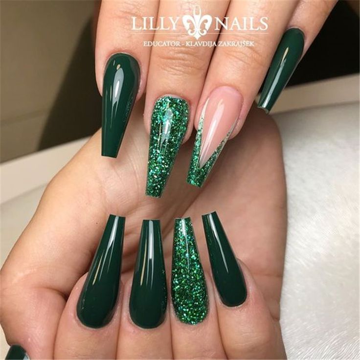 Stunning Elegant Green Nail Design with Glossy and Glitter Accents in Bold Stiletto Shapes