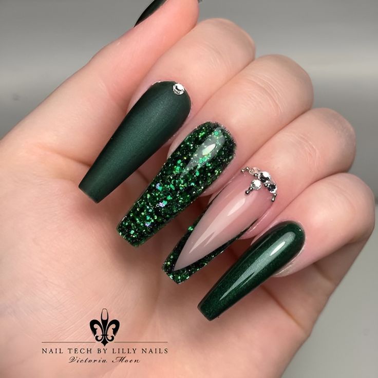 Chic Dark Green Matte Nails with Glitter Accent and Rhinestones for Glamorous Occasions