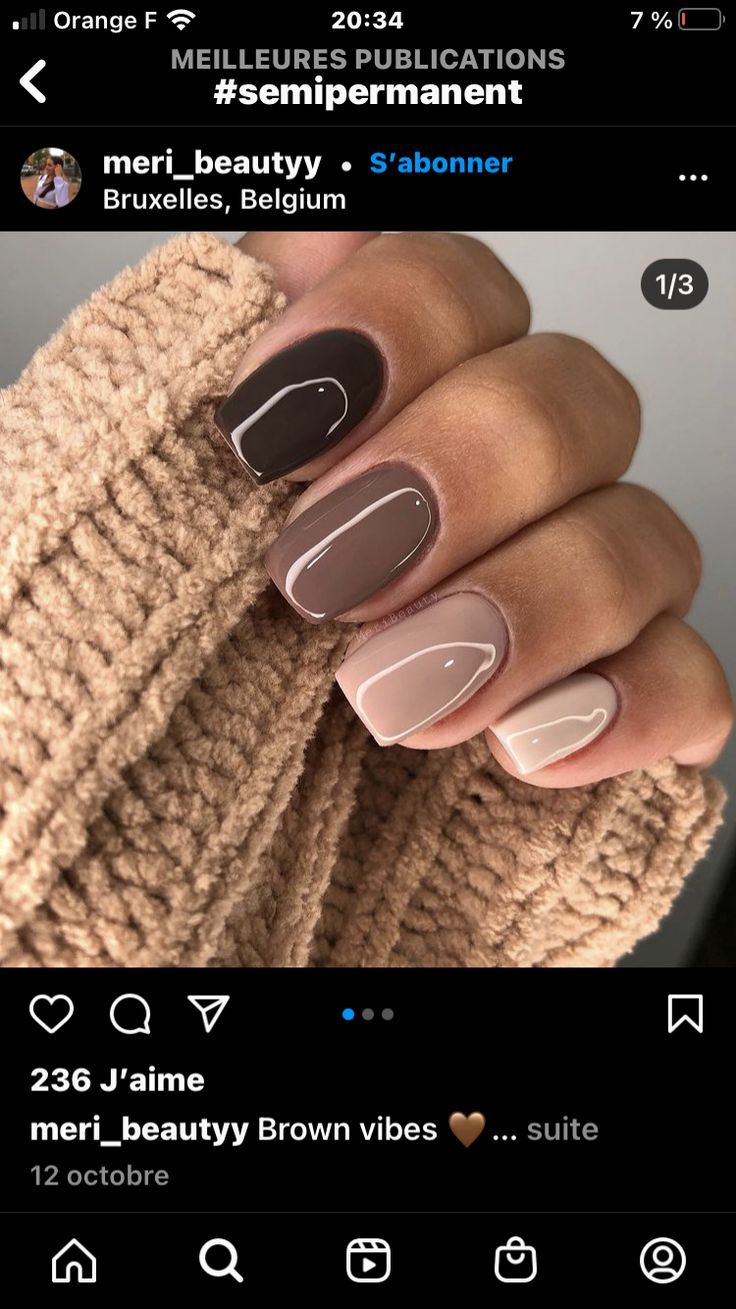 Elegant Brown and Neutral Nail Design with Matte and Glossy Finishes.