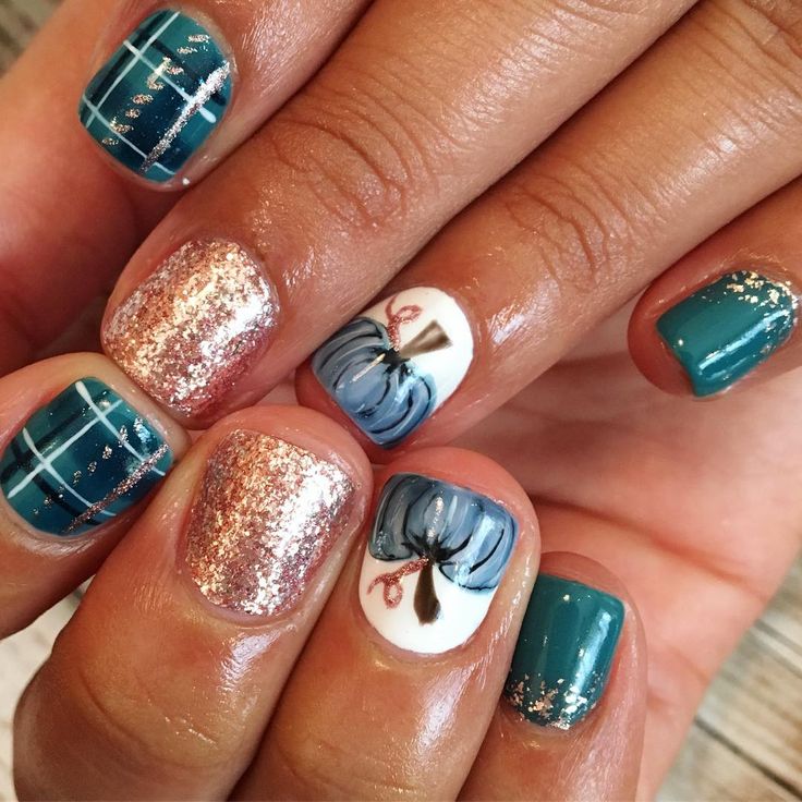 Teal and White Elegant Nail Design with Hand-Painted Bow and Glitter Accents