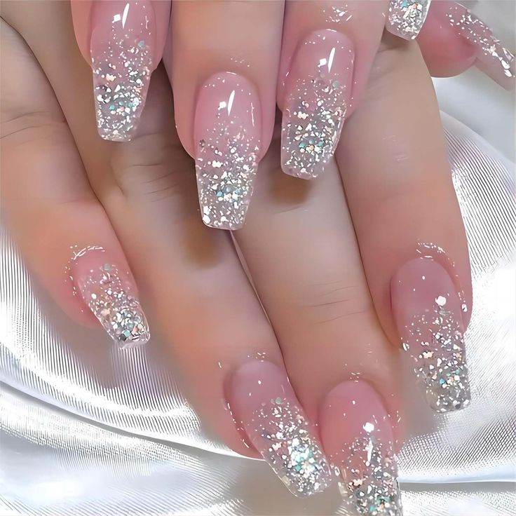 Sophisticated Shimmering Gradient Acrylic Nails: Soft Pink to Sparkling Silver Tips