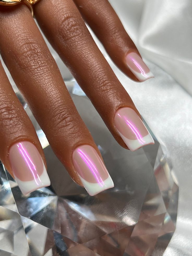 Chic Translucent Pink Nail Design with Iridescent Tips for Every Occasion