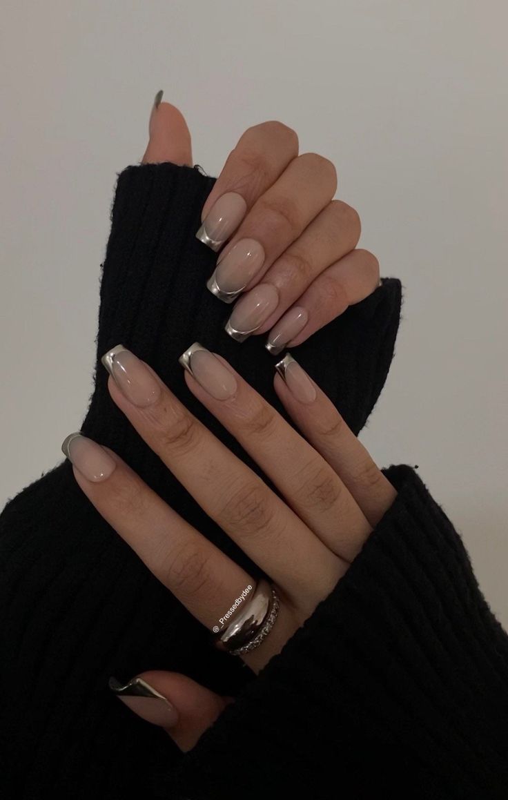 Chic Nude Base with Silver Tips: A Modern Take on French Manicure Elegance