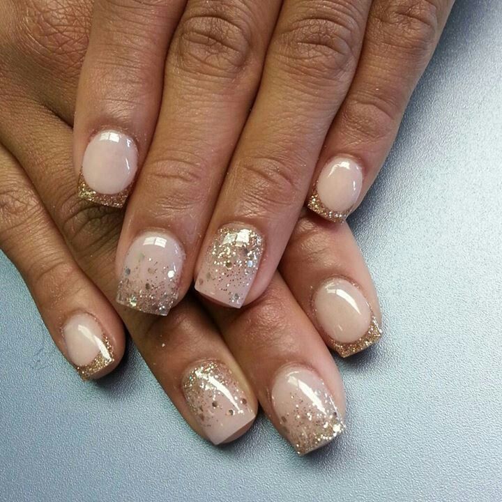 Elegant Ombre Glitter Nail Art with Nude and Gold Accents