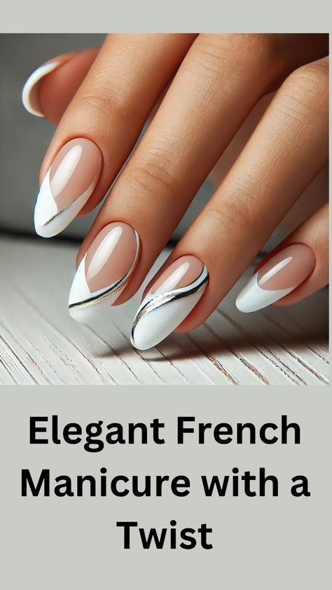 Modern French Manicure: Classic Elegance with Metallic Accents and Geometric Flair.