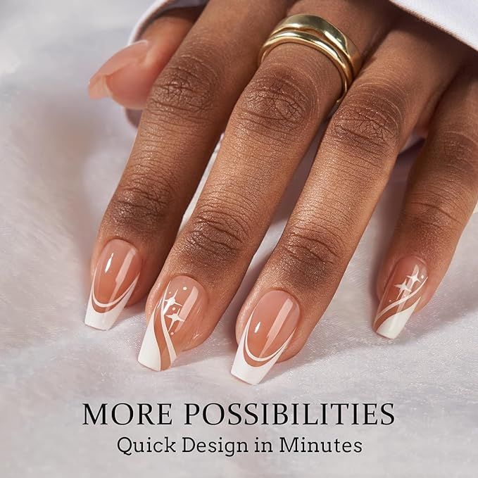 Chic Nude and White Nail Design with Stylish Swirls and Geometric Patterns