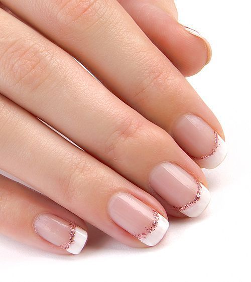 Chic French Manicure: Subtle Pink Base with White Tips and Rose Gold Accents