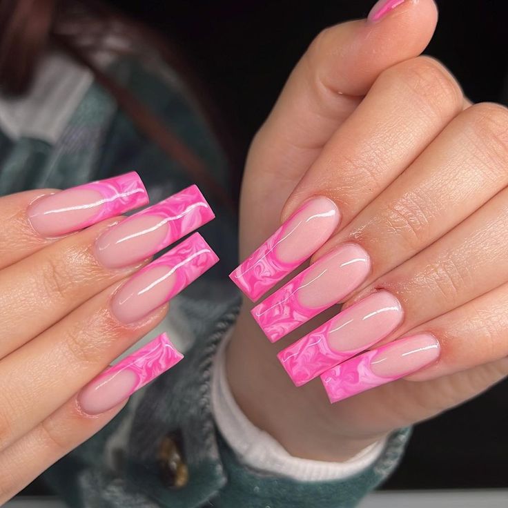 Bold Pink Marble Long Coffin Nails: A Trendy Statement Look