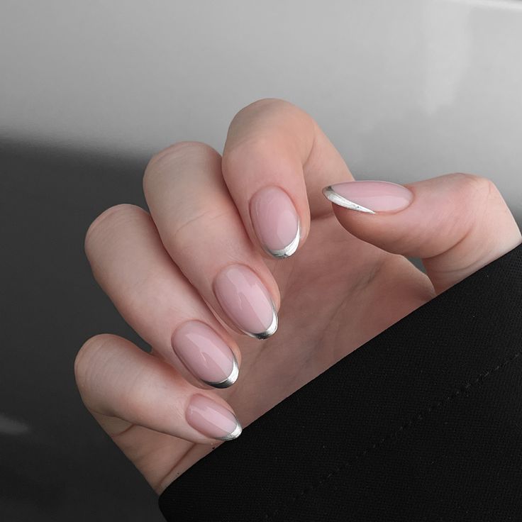 Chic Minimalist Nude Nails with Silver French Tip Accent