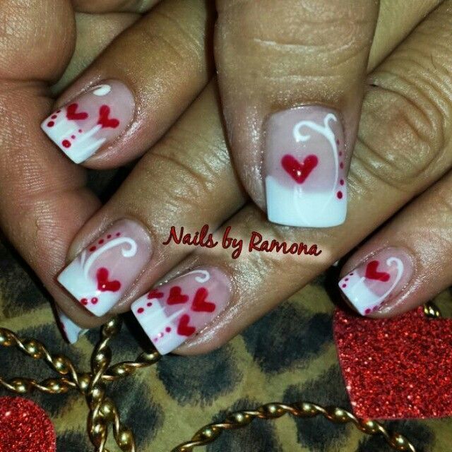 Charming Heart-Themed Nail Art: Romantic French Manicure with Red Hearts and White Accents