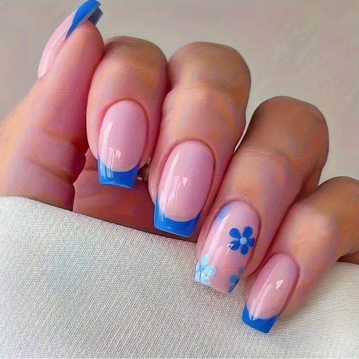 Elegant Pink and Blue Nail Design with Floral Accents