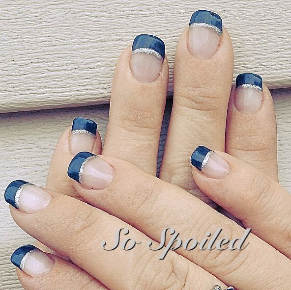 Elegant Navy Blue French Tips with Sparkling Silver Accents: A Chic Blend of Classic and Contemporary.