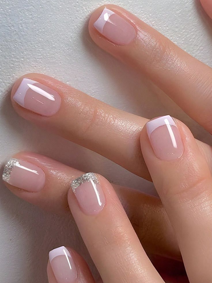 Refined Soft Pink and White Nail Design with Sparkling Silver Accents