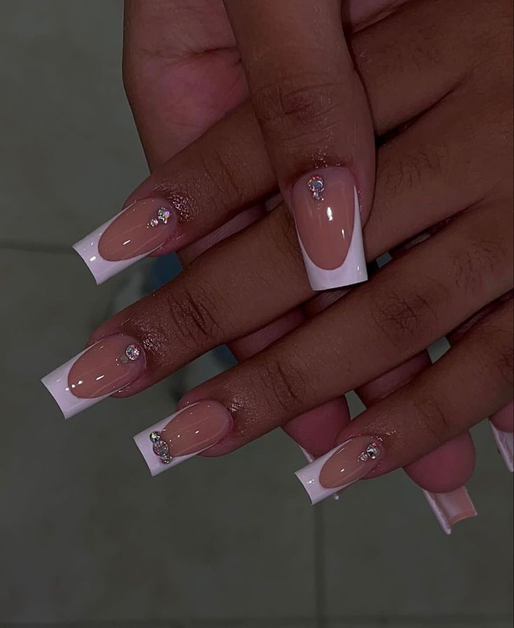 Chic Modern French Manicure with Rhinestone Accents