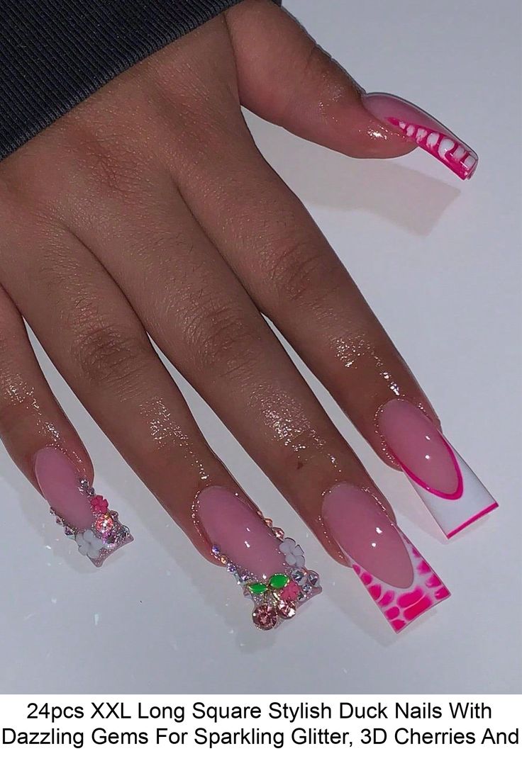 Chic Long Square Duck Nails with Pastel Pink, White Tips, Glitter, and 3D Cherry Accents.