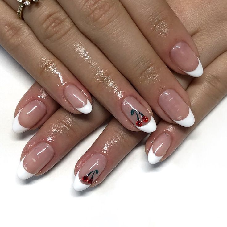 Playful Elegance: French Tip Nails with Whimsical Cherry Designs