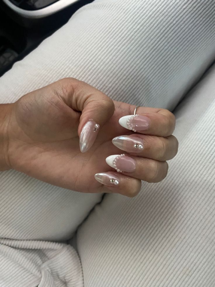 Chic Soft Pink and Glossy White Nail Design with Pearl Accents.