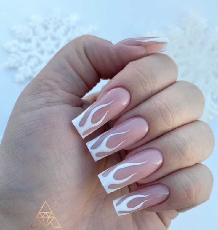 Flame-Inspired Gradient Nail Design: Elegant Nude to White with Glossy Finish.