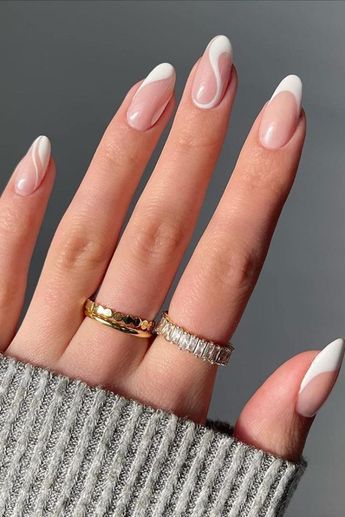 Chic French Tip Nail Design with Curvy Line and Almond Shape for Effortless Elegance.