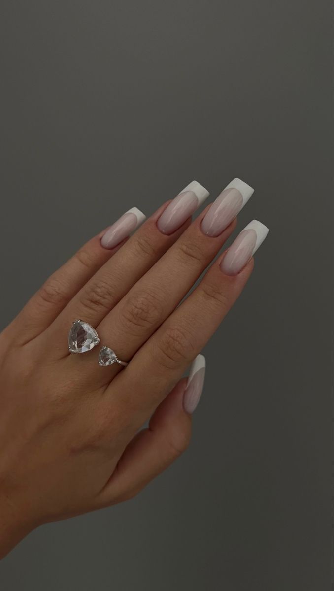 Chic Ombre Acrylic Nails: Elegant Nude to White Tips with Sparkling Rings