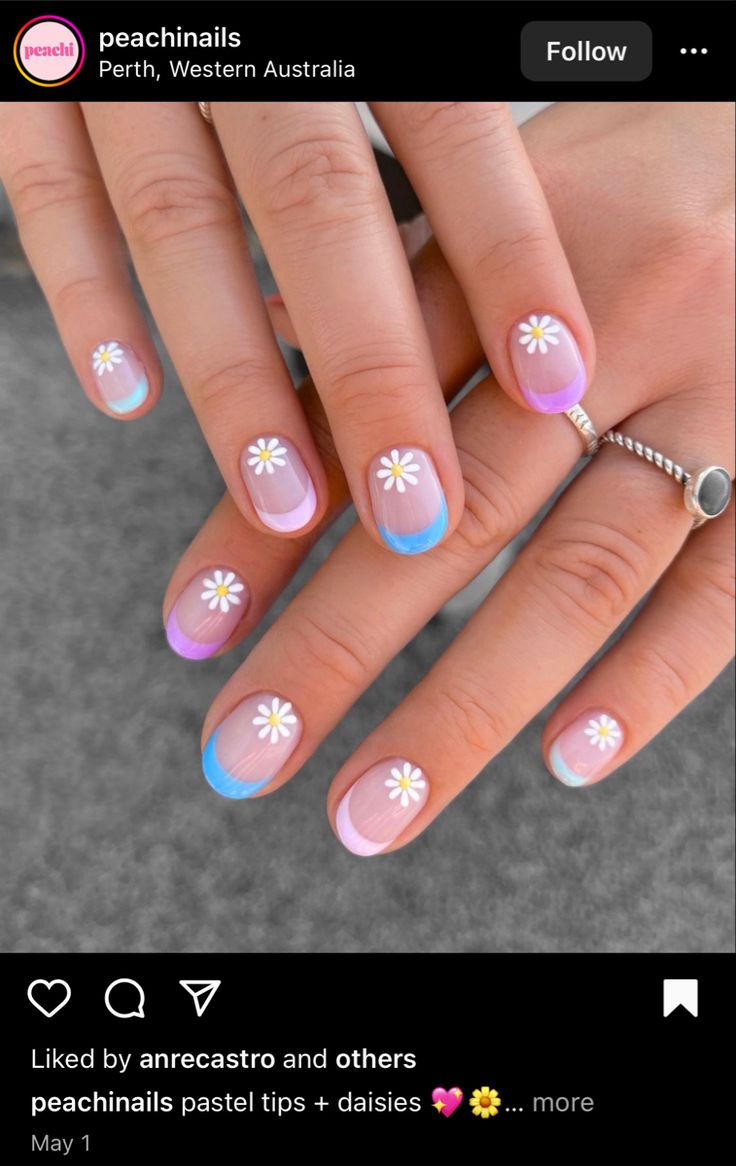 Whimsical Pastel Nail Design with Gradient Colors and Daisy Accents for Spring/Summer